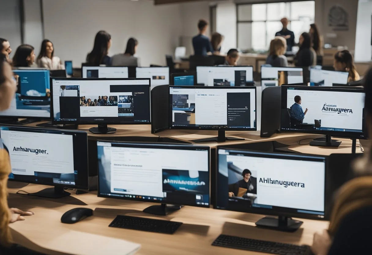 Anhanguera free courses logo displayed on a computer screen with a diverse group of students engaged in online learning